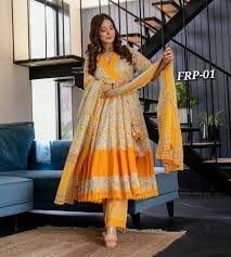 Linen Ready Made Gown Designed Long Salwar Kamez Orna For Stylish Women / Girls ( 3 Pcs ) - 3 Pice Dress For Women